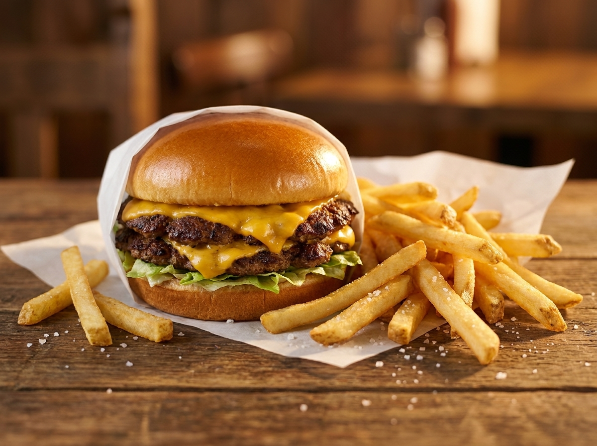 AI food photography generator burger image for DoorDash menu with clean studio lighting