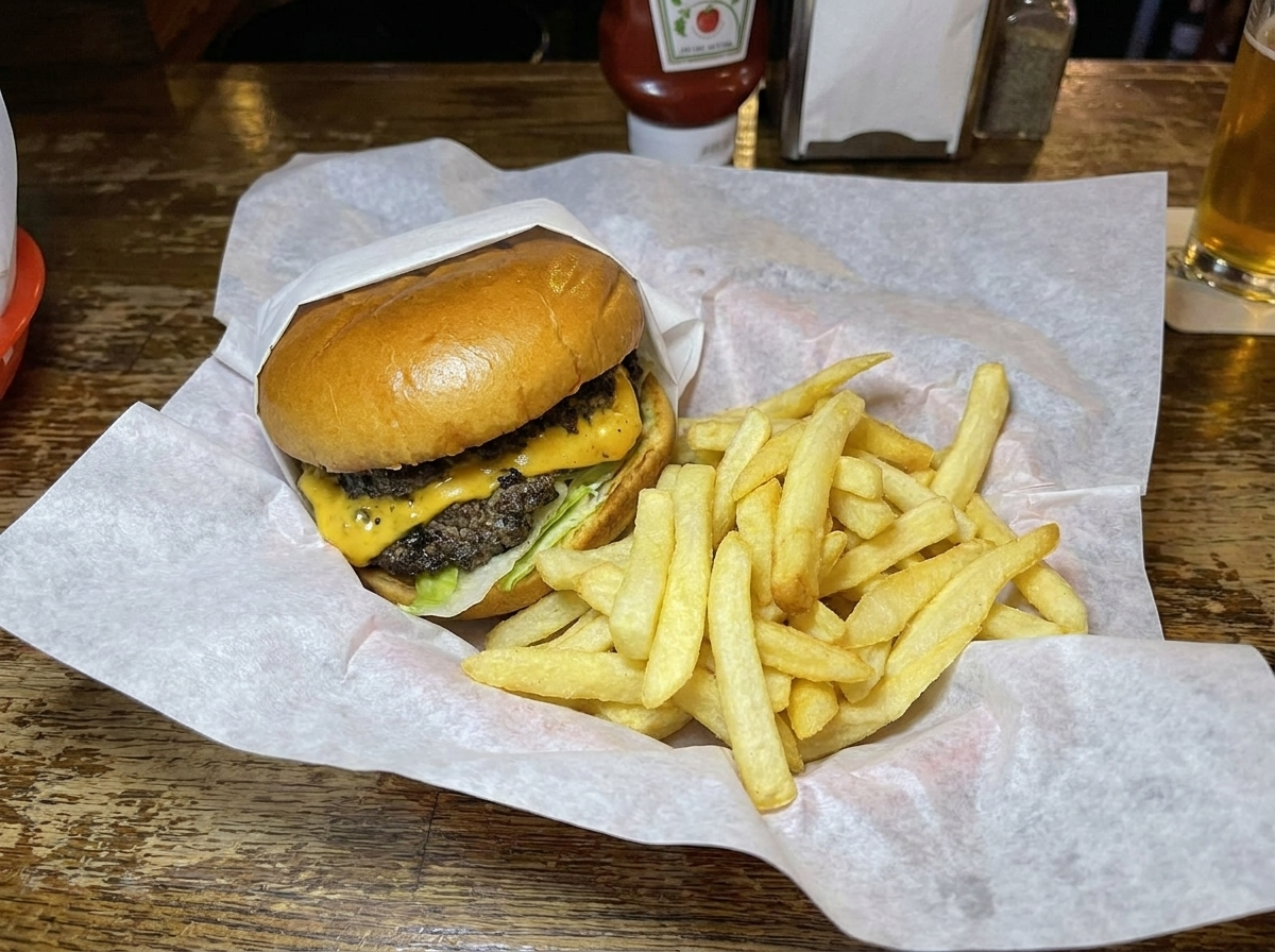 Phone photo of burger before AI food photography enhancement