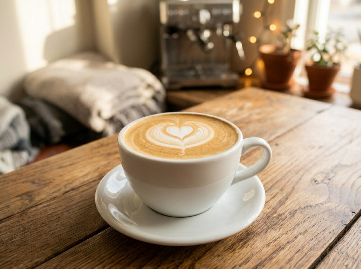 AI food photo generator coffee dessert image in Warm Wood style