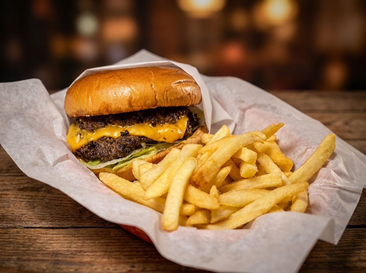 AI food photography mockup delicious burger for delivery app listing