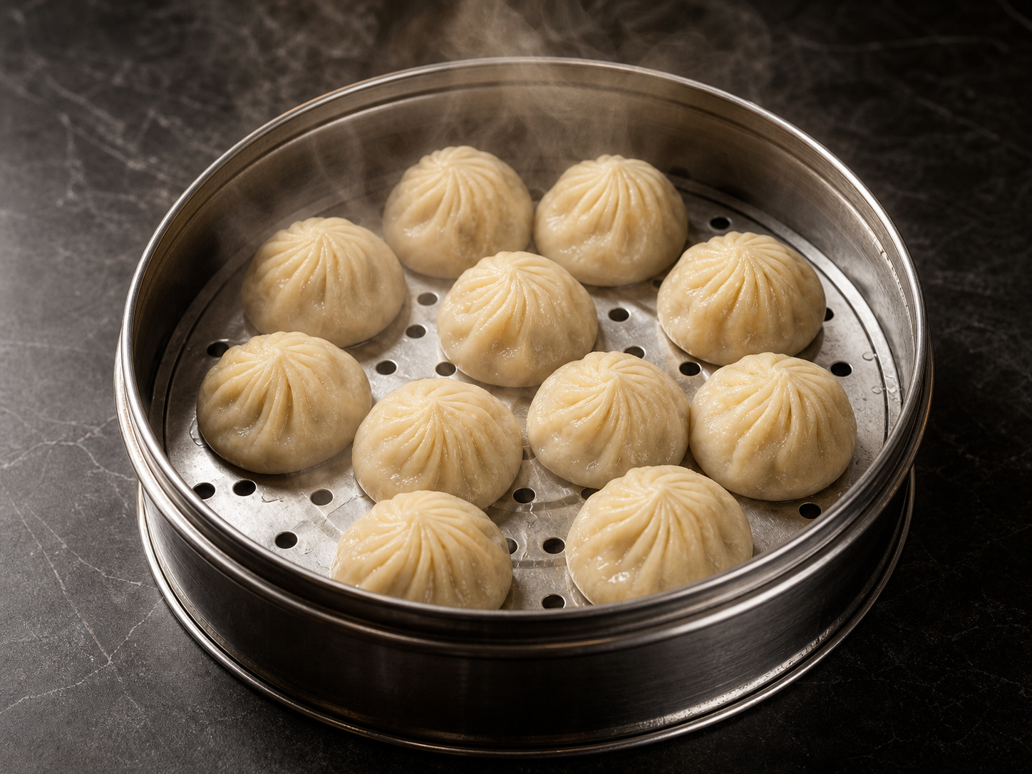 Steamed soup dumplings in steamer by AppetiPix